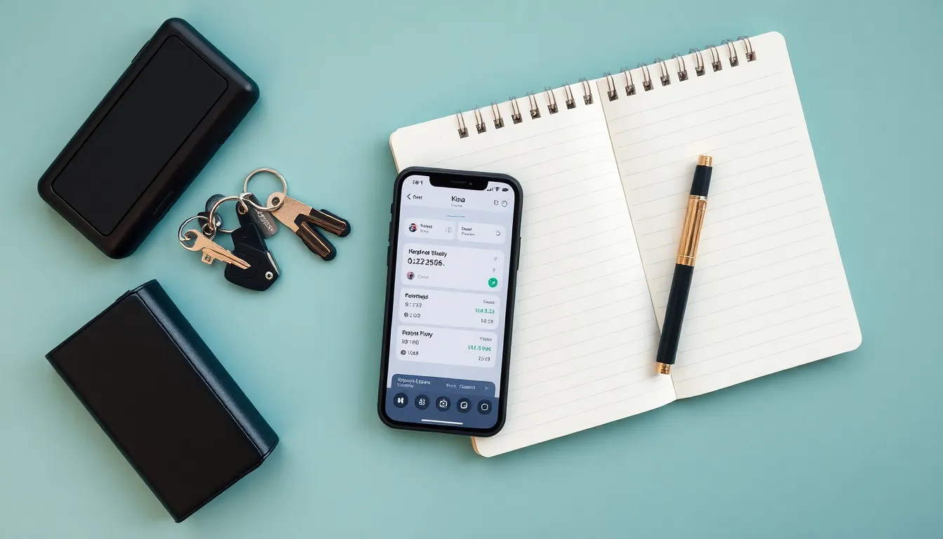 A phone showing a finance dashboard on a desk beside car keys, a wallet and a notebook