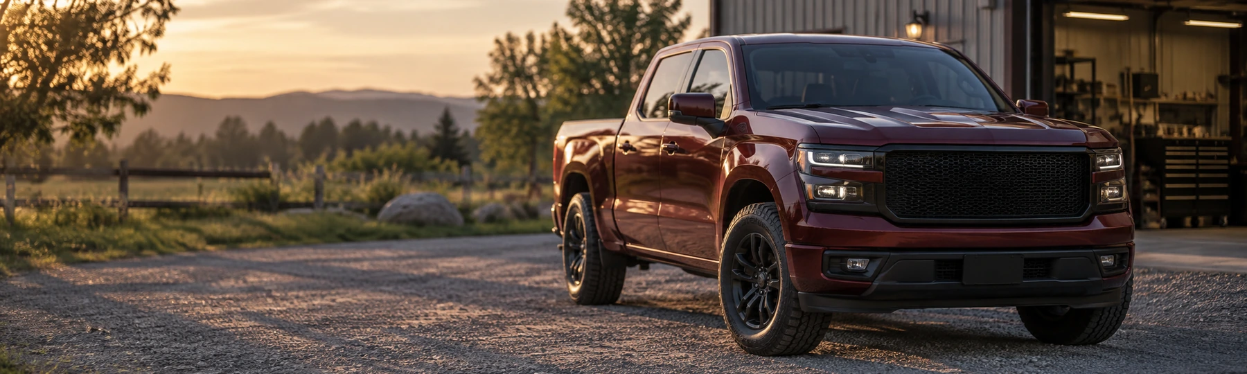 A dark red pickup truck parked outside a workshop in late afternoon light